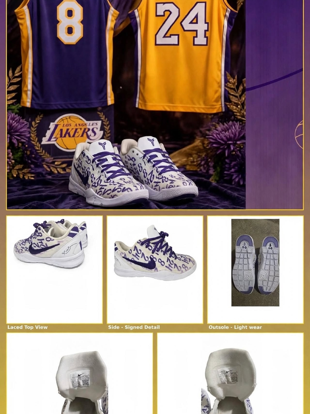 Nike Kids White Sneakers with Purple Script and Purple Swoosh
